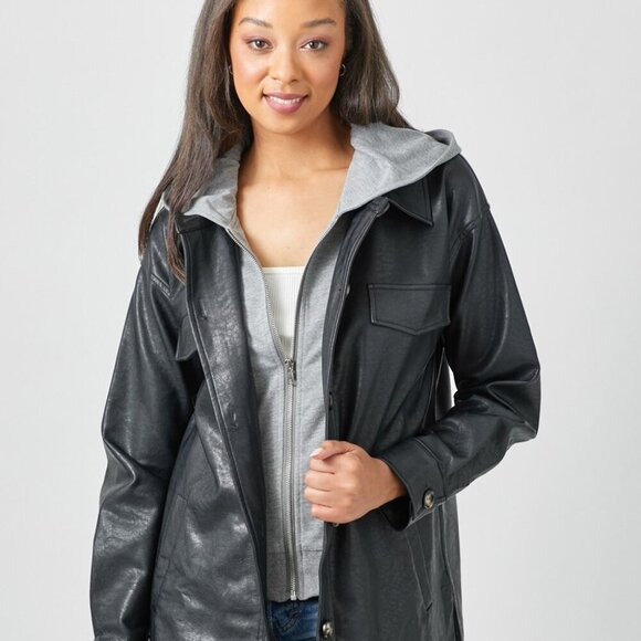 MYSTREE TWOFER HOODIE FAUX LEATHER JACKET - Picture 1 of 8
